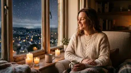 Femme souriante et apaisée dans une lumière dorée