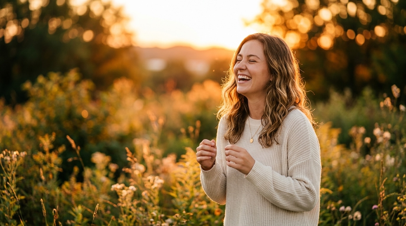 Femme riant doucement dans une ambiance dorée au coucher du soleil