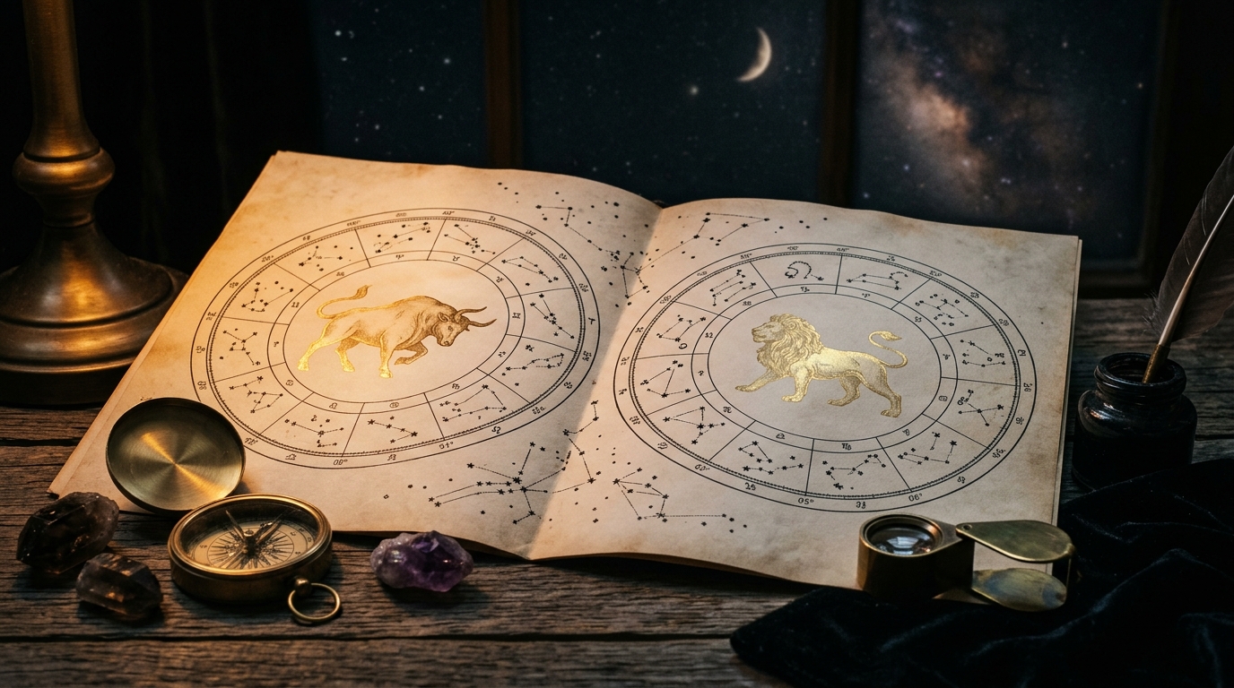 Carte astrologique avec symboles du Taureau et du Lion