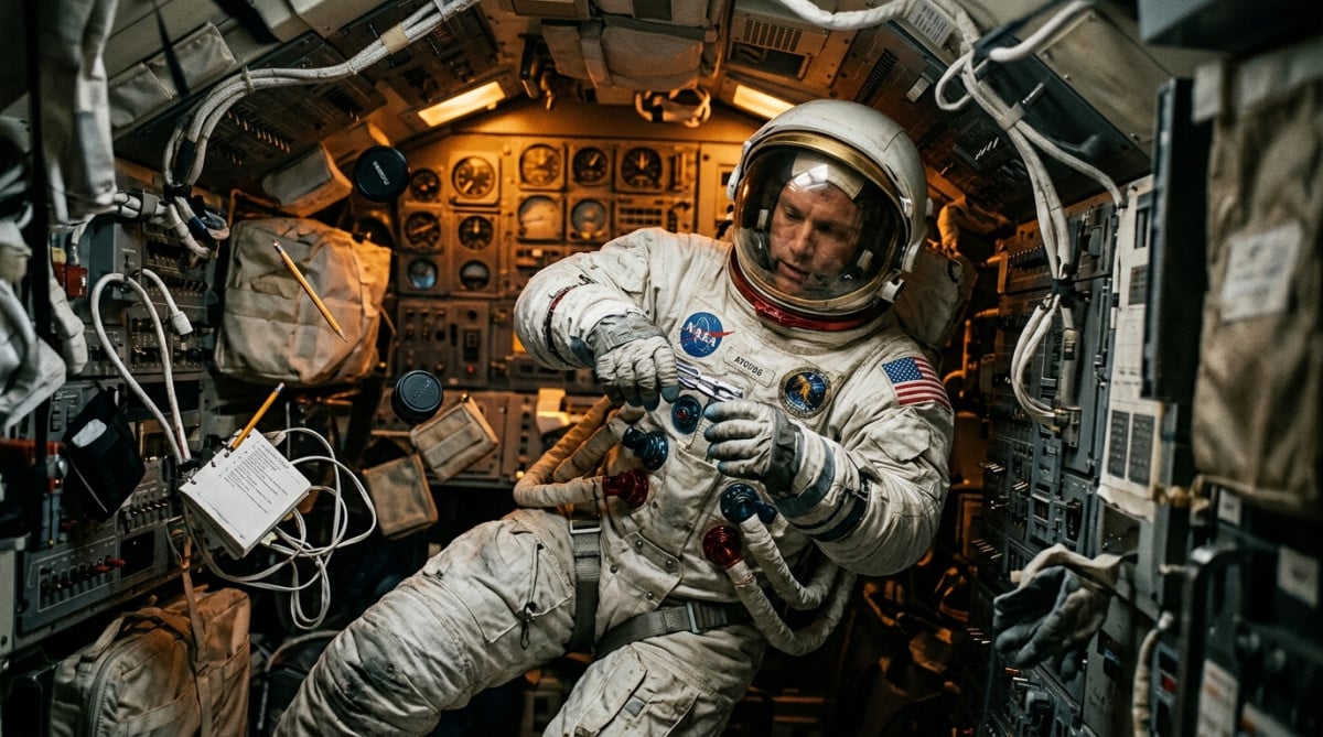 Astronaute utilisant du velcro dans une capsule spatiale