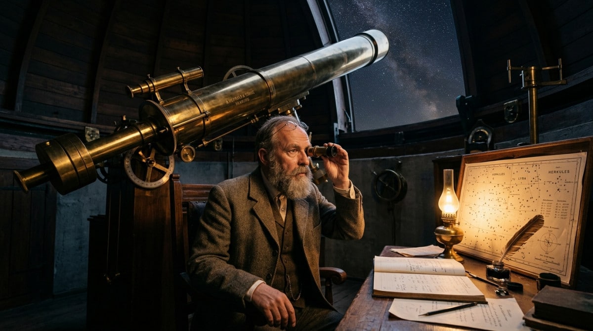 Astronome observant le ciel avec un télescope ancien
