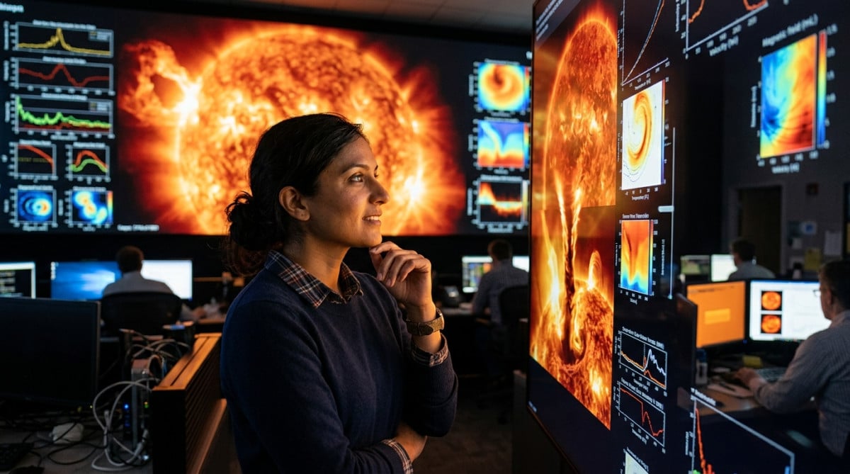 Astrophysicien observant des données solaires sur écran