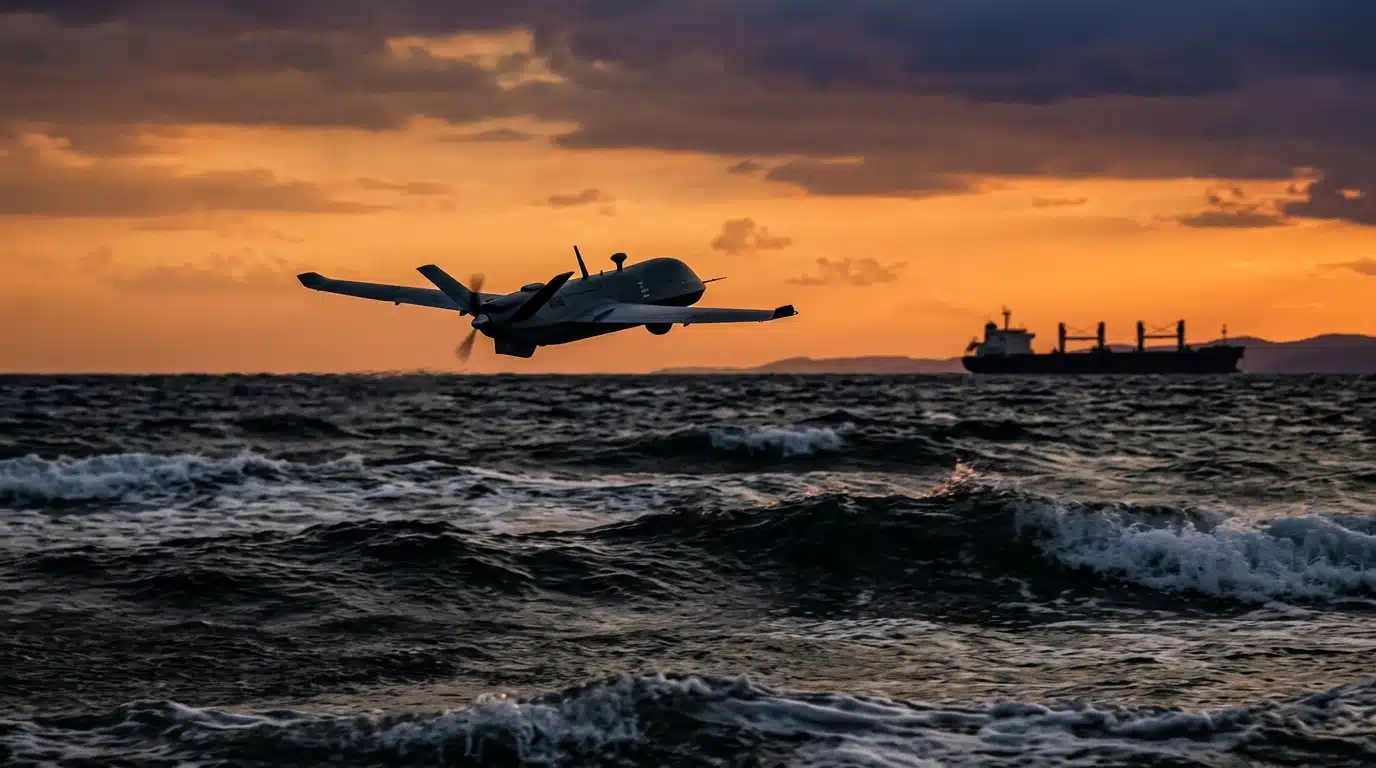 Drone survolant la mer Méditerranée au crépuscule