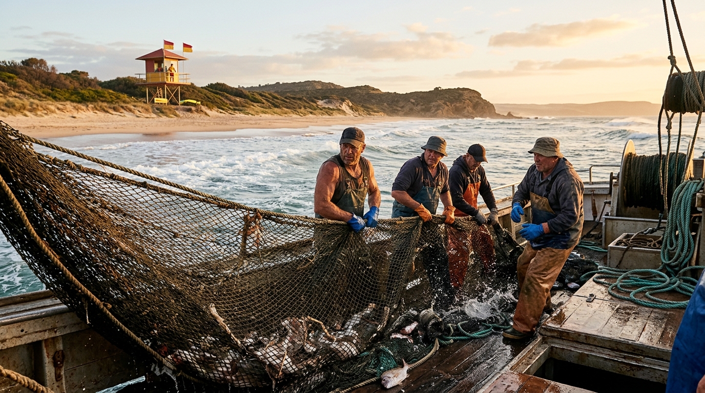 Bateau de pêche déployant des filets près d'une plage australienne