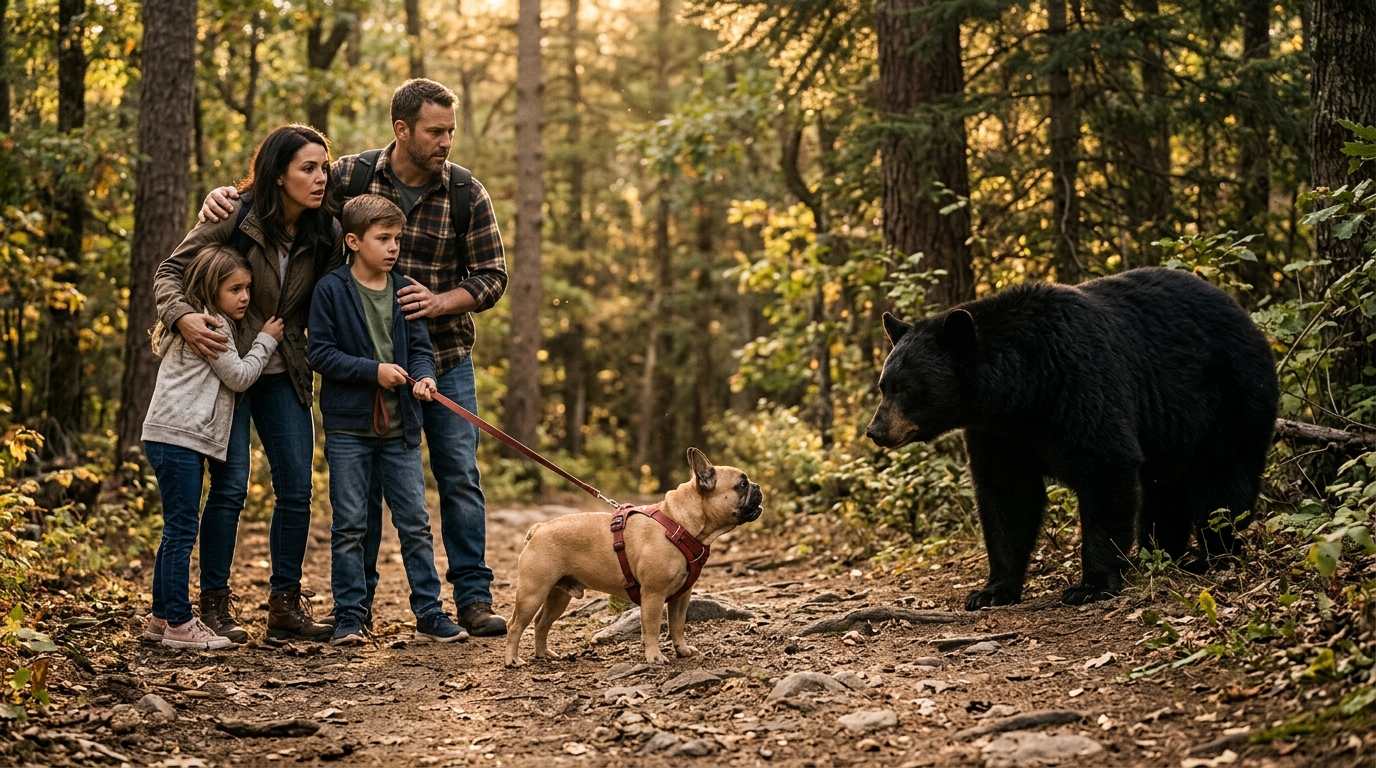 Bouledogue française face à un ours dans la forêt