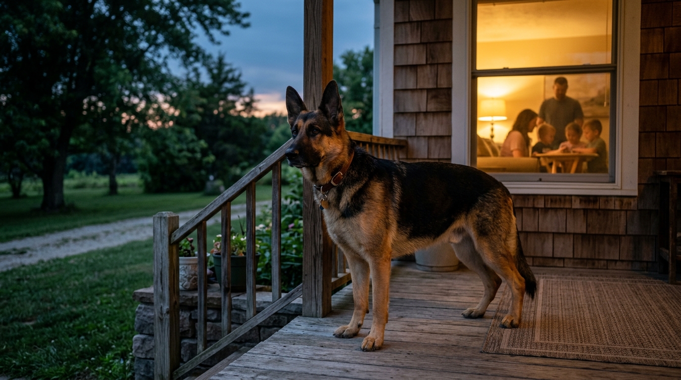 Berger allemand en position de garde protectrice au crépuscule