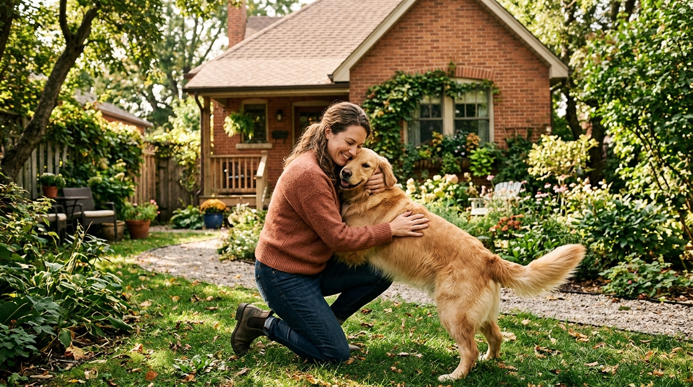 Femme enlaçant tendrement son chien fidèle dans un jardin