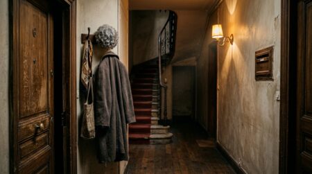 Vêtements et perruque suspendus dans un couloir sombre