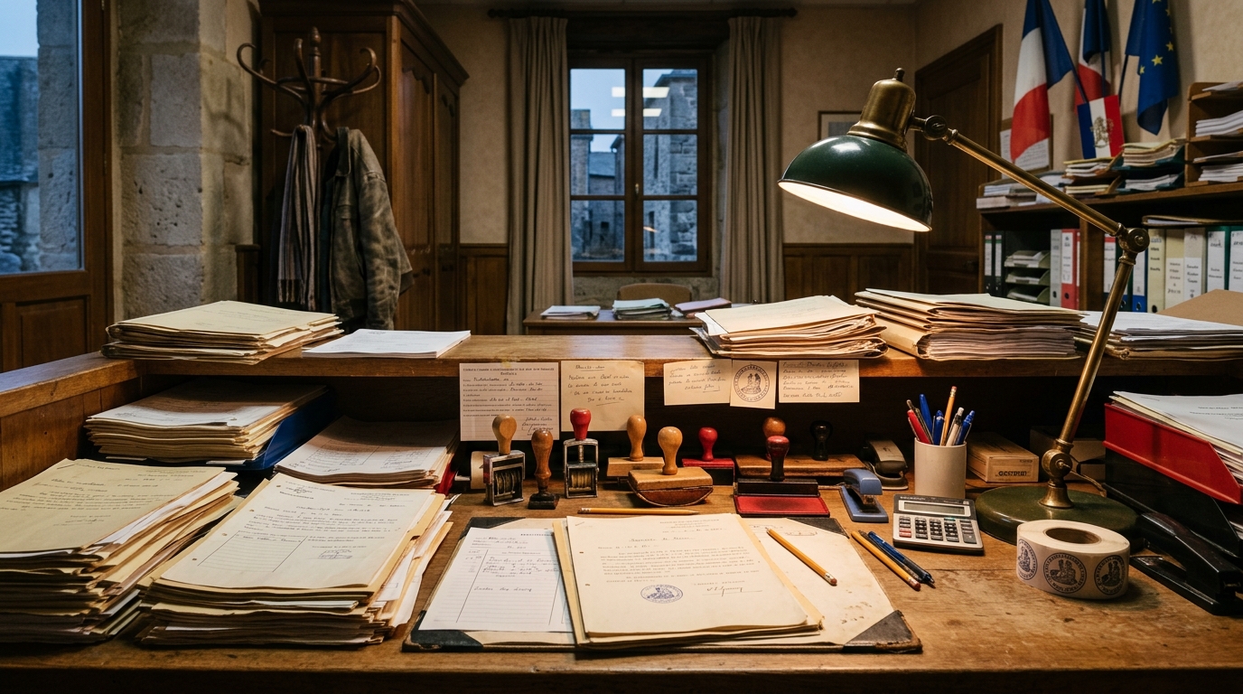 Guichet de mairie avec documents administratifs anciens