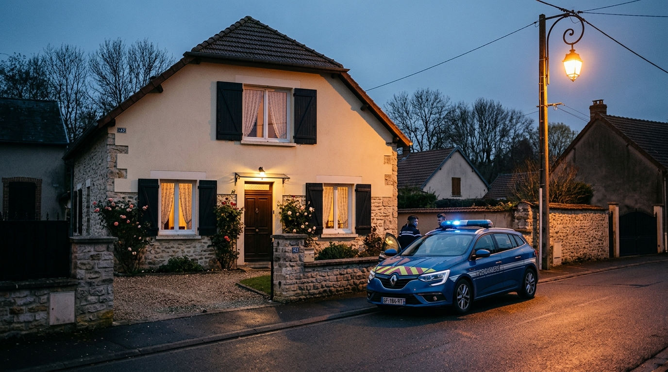 Voiture de police garée devant une maison au crépuscule