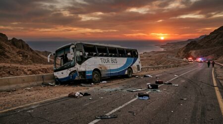 Autocar accidenté sur une route désertique au coucher du soleil
