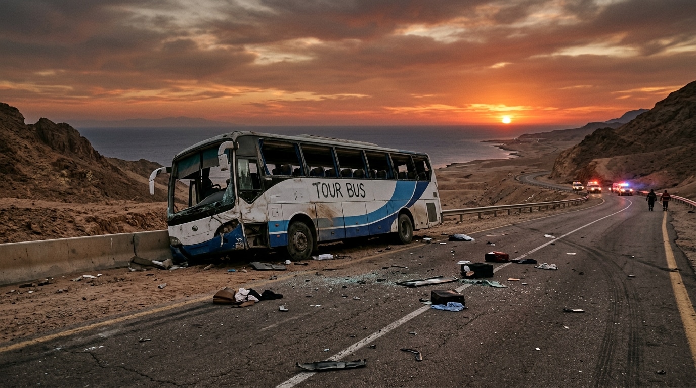 Autocar accidenté sur une route désertique au coucher du soleil