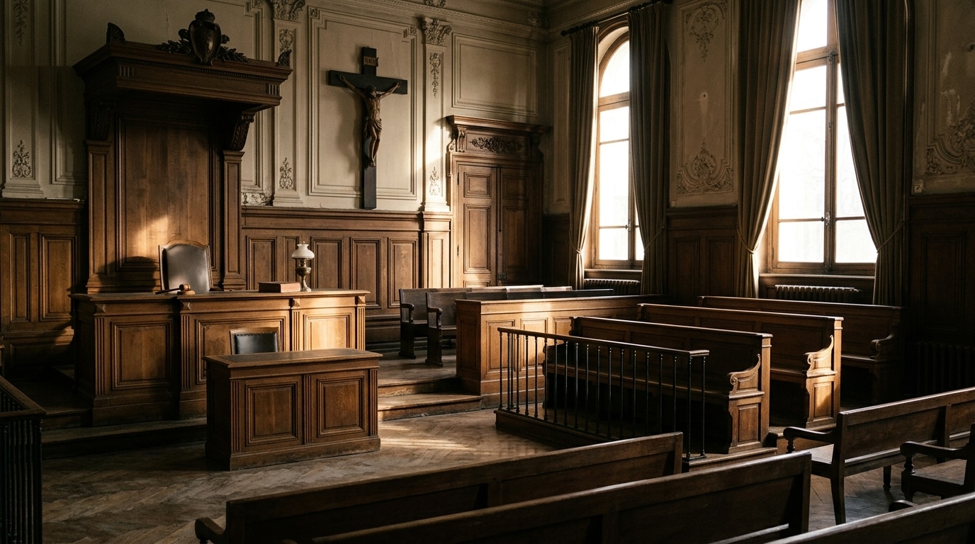 Banc du tribunal vide dans une salle d'audience sombre