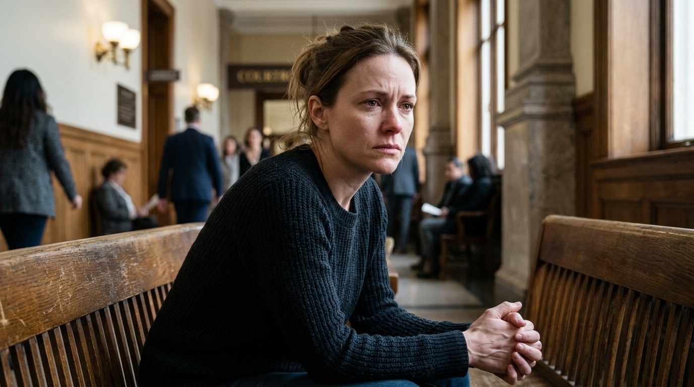 Femme assise dans un couloir de tribunal, visage grave