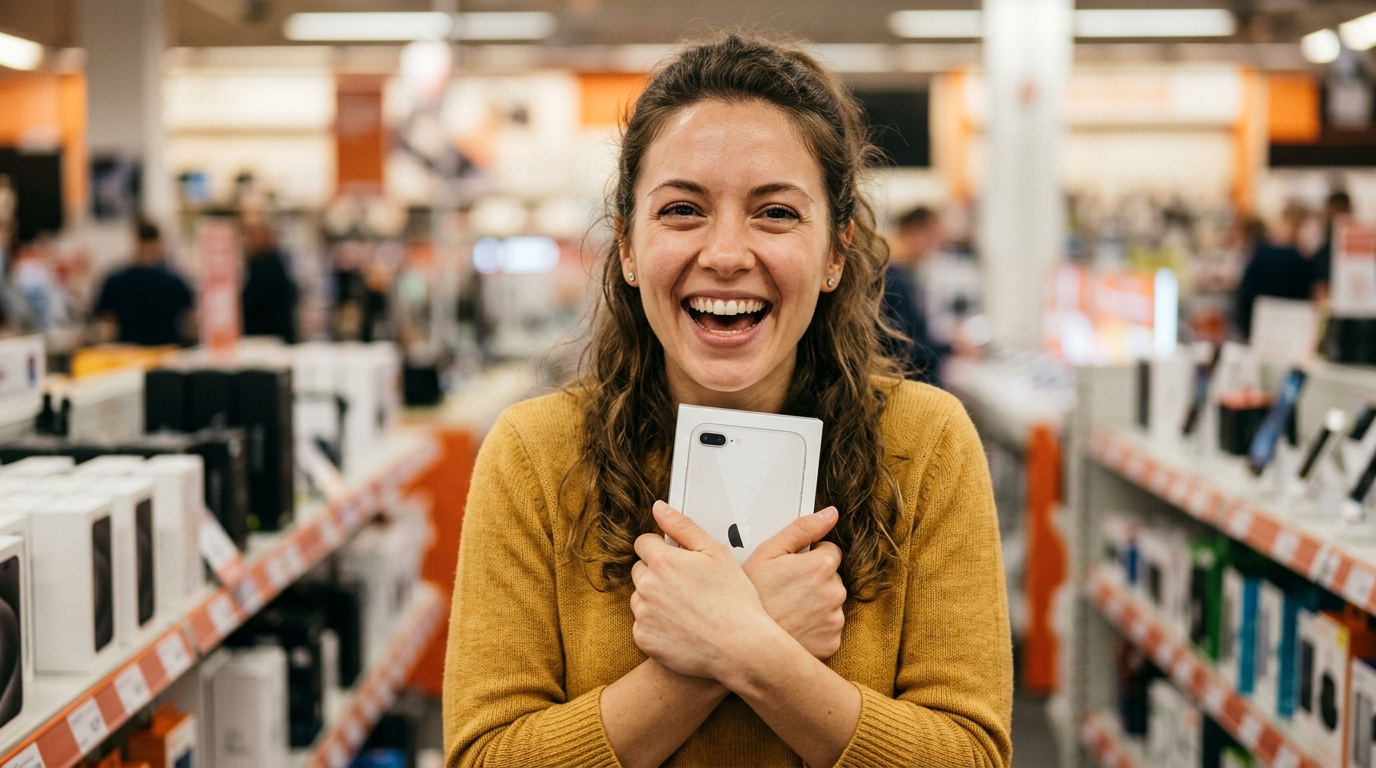 Personne souriante tenant une boîte de smartphone