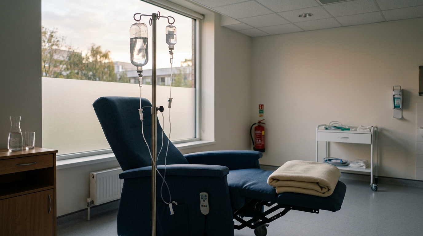 Fauteuil de chimiothérapie vide avec perfusion en lumière douce