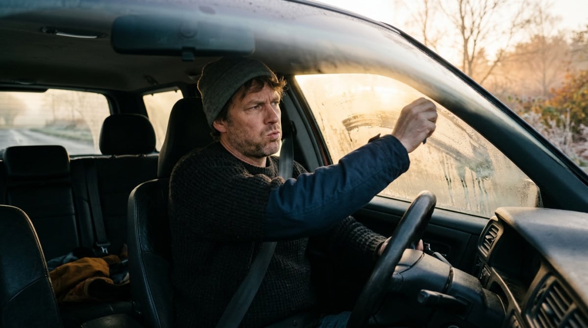 Automobiliste essuyant la buée sur son pare-brise le matin