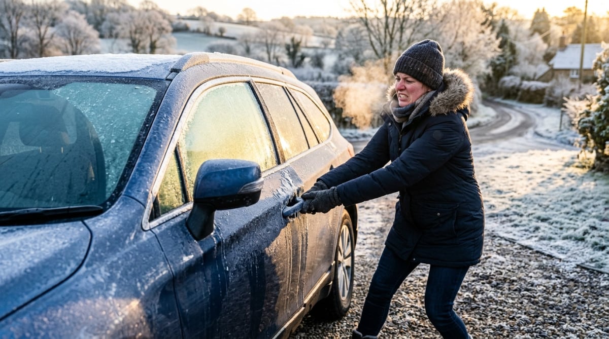 Automobiliste tirant sur une portière de voiture gelée le matin