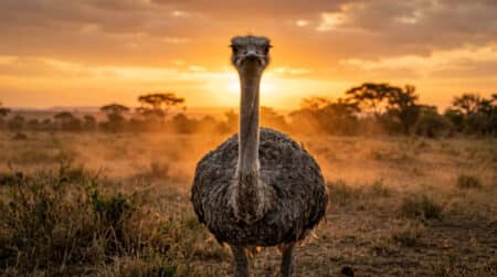 Autruche debout et alerte dans la savane au coucher du soleil