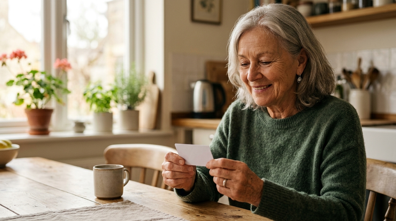 Femme senior souriante tenant une carte de réduction