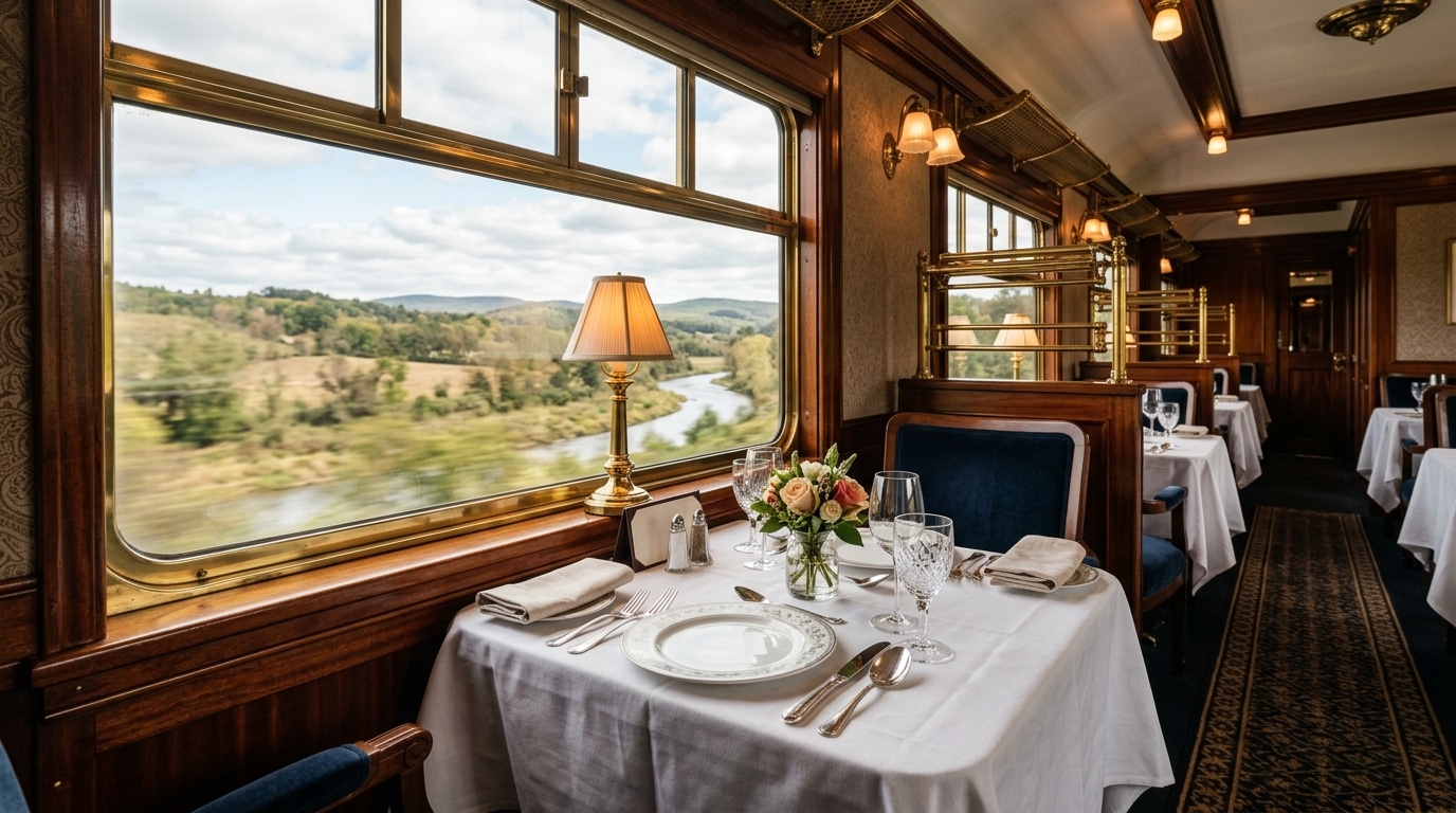 Intérieur luxueux d'un wagon-restaurant ferroviaire ancien