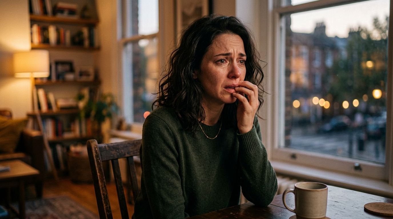 Femme au visage bouleversé après une trahison proche