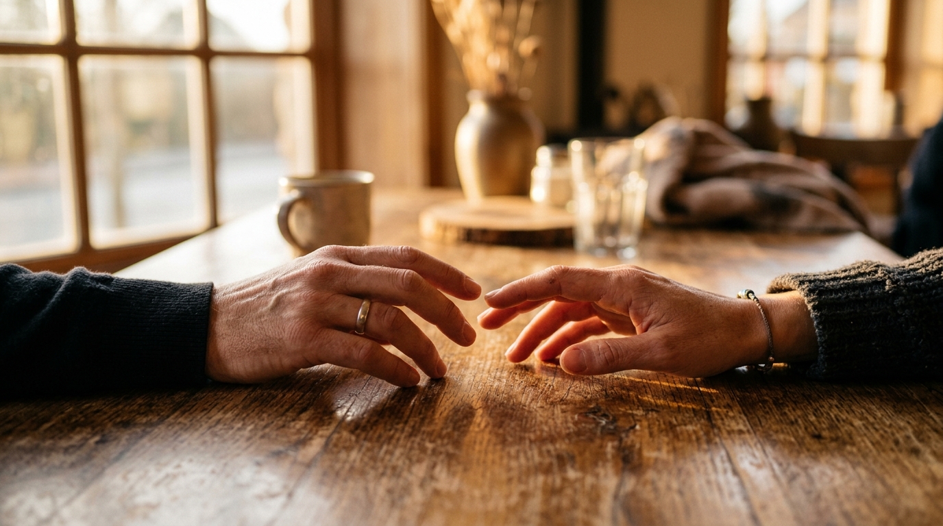 Deux mains qui se séparent sur une table en bois