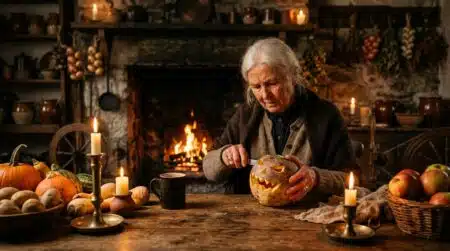 Femme sculptant un navet à la bougie façon tradition irlandaise
