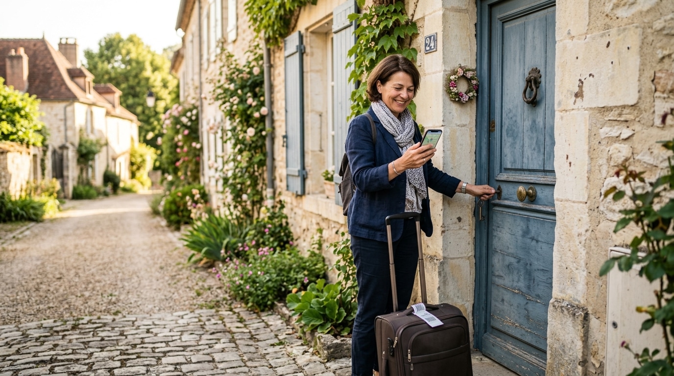Femme fermant sa porte d'entrée avant de partir en vacances