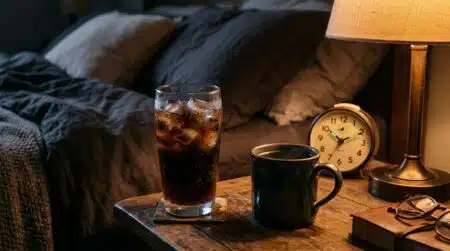 Soda et café posés sur une table de nuit le soir