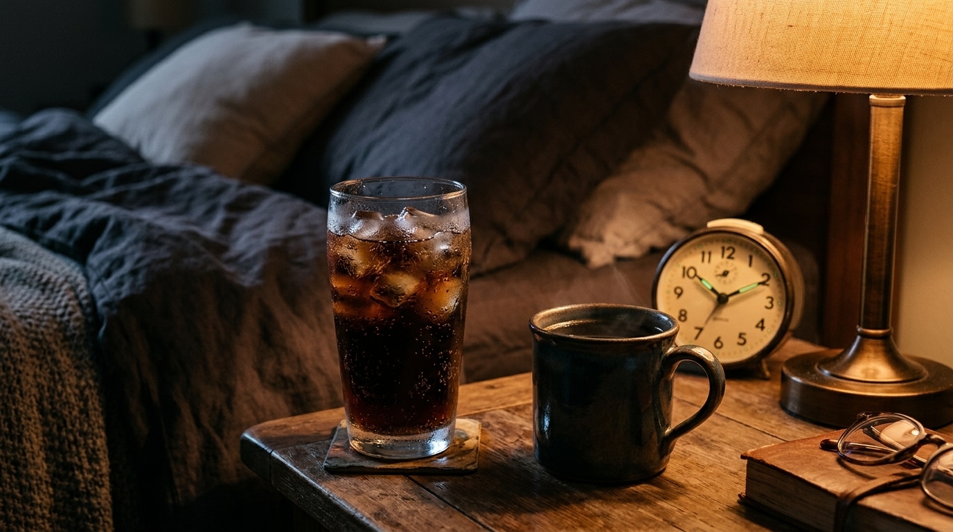 Soda et café posés sur une table de nuit le soir