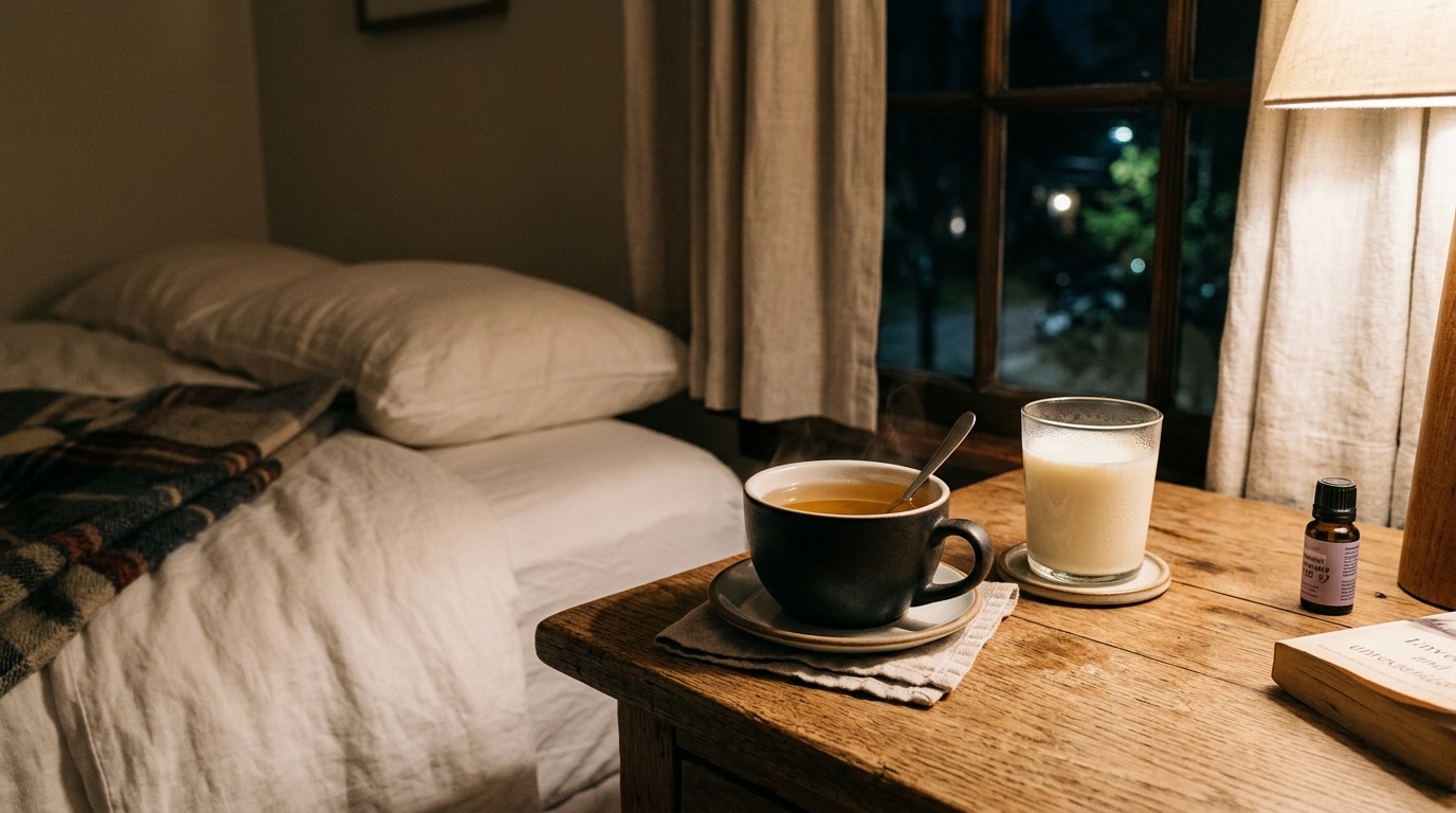 Tisane et lait chaud sur une table de chevet