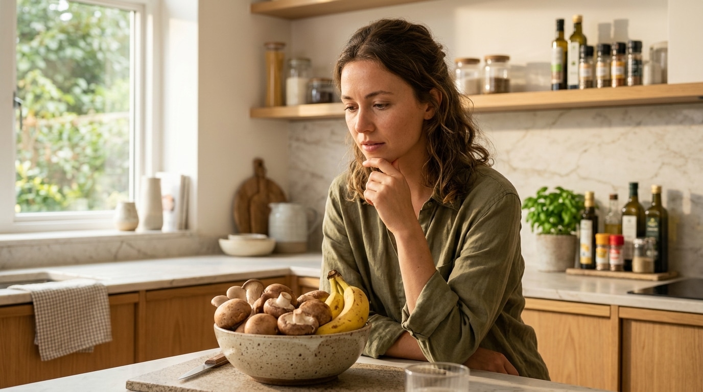 Personne pensive face à des champignons et bananes en cuisine