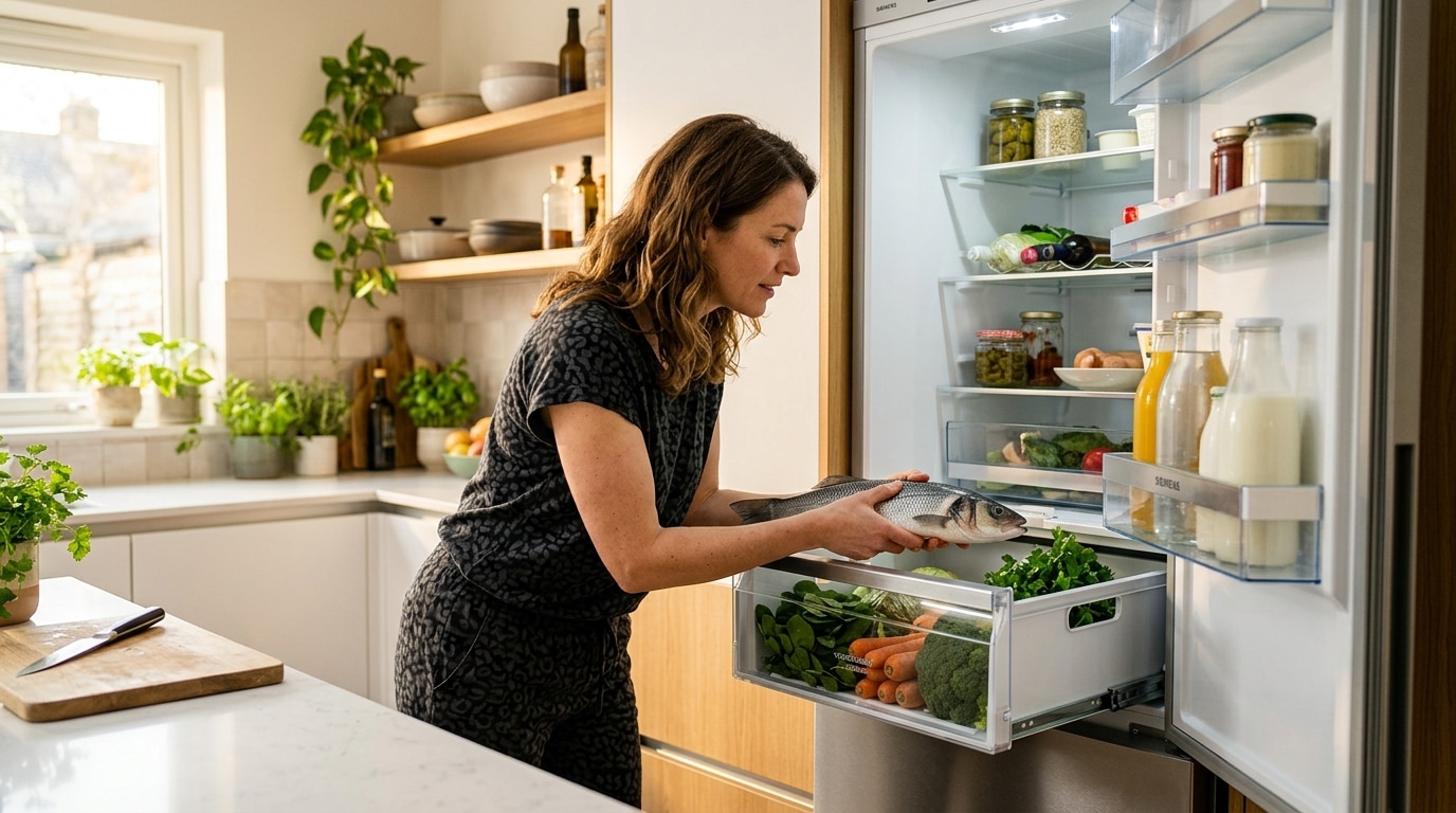 Femme rangeant du poisson dans le bac à légumes du frigo