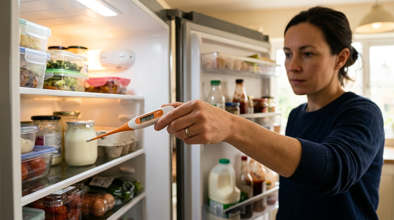 Main tenant un thermomètre dans un réfrigérateur ouvert
