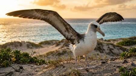 Albatros de Laysan debout sur le sable de Midway