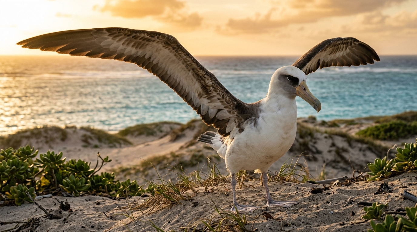 Albatros de Laysan debout sur le sable de Midway