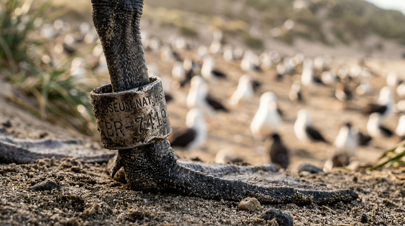 Bague métallique usée à la patte d'un albatros