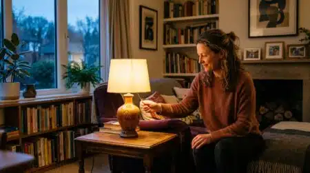 Femme allumant une lampe chaude dans un salon cocooning
