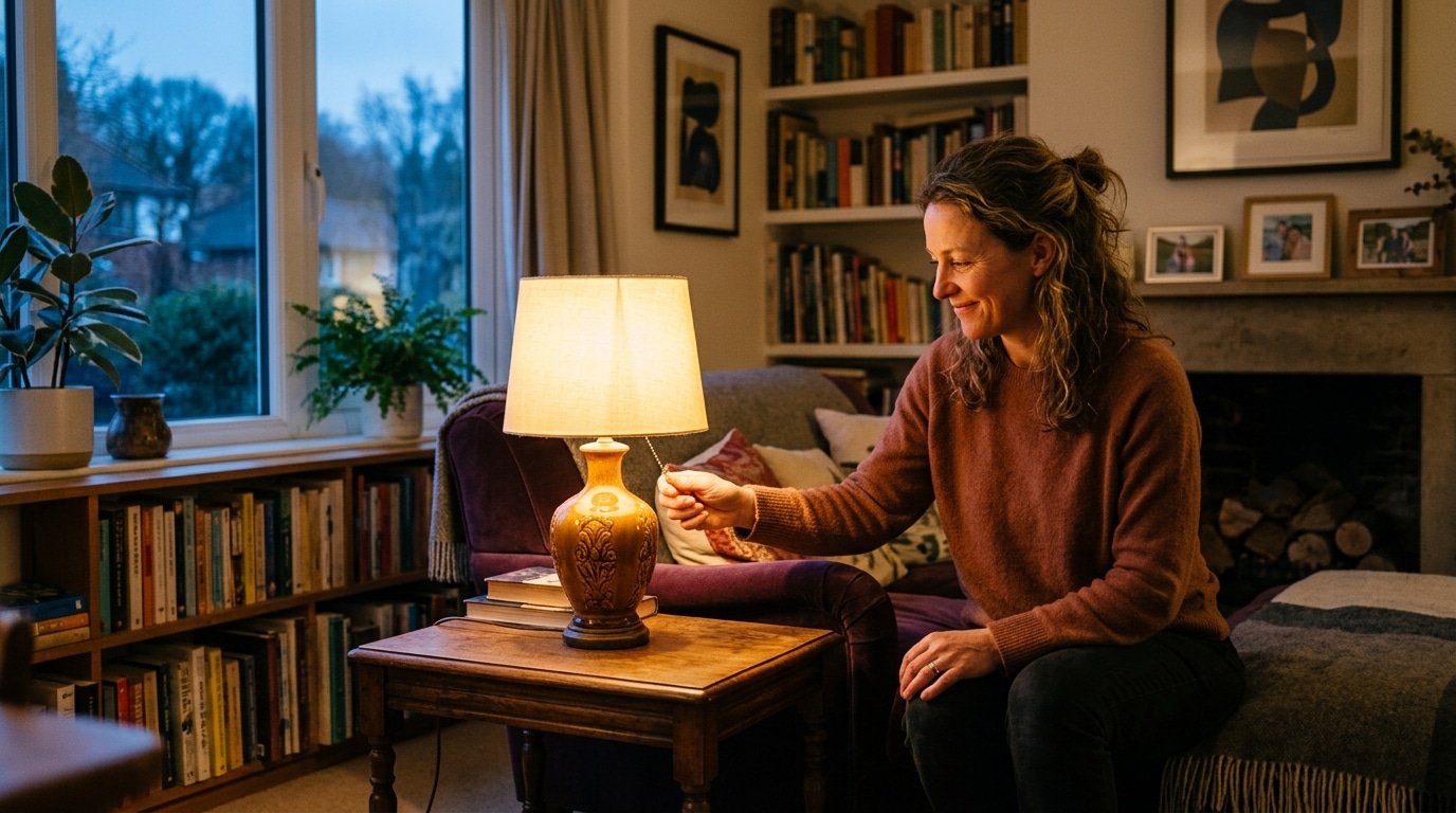 Femme allumant une lampe chaude dans un salon cocooning
