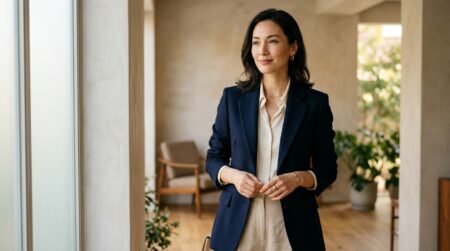 Femme élégante en tenue sobre et raffinée