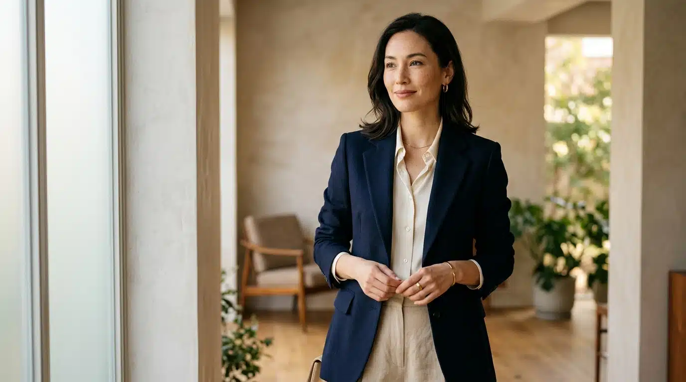 Femme élégante en tenue sobre et raffinée