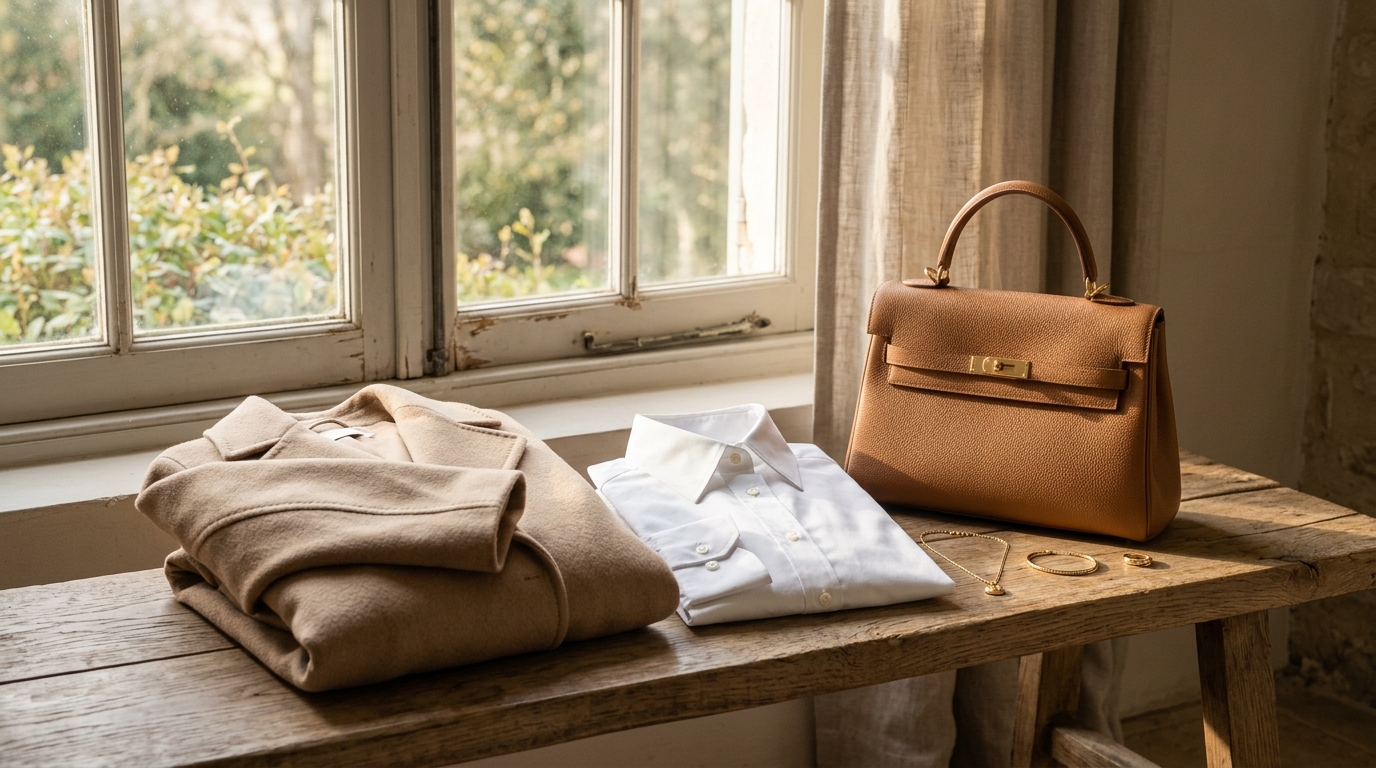 Vêtements et accessoires de luxe discret sur banc