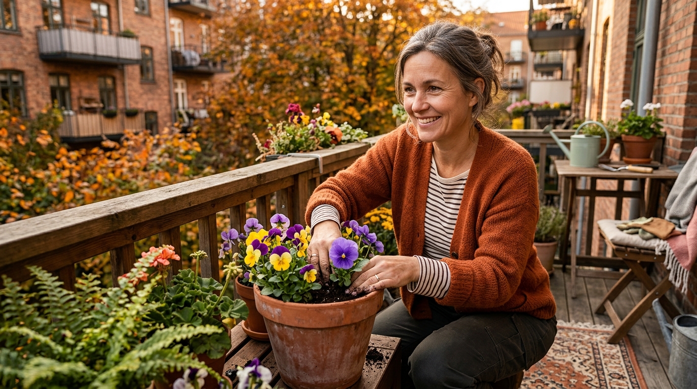 Femme plantant des pensées colorées dans un pot de terrasse