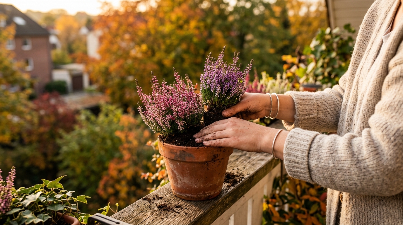 Mains disposant de la bruyère rose dans un pot en terre cuite