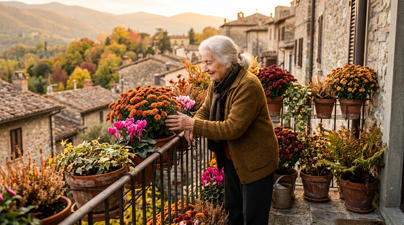 Balcon fleuri de chrysanthèmes et cyclamens en automne