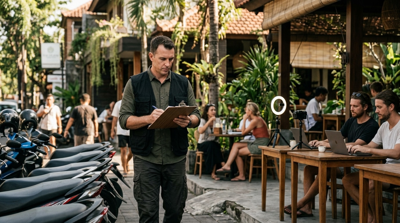 Agent en patrouille dans quartier de coworking à Bali
