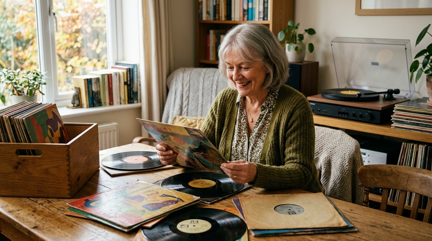 Femme souriante feuilletant une collection de vinyles rétro