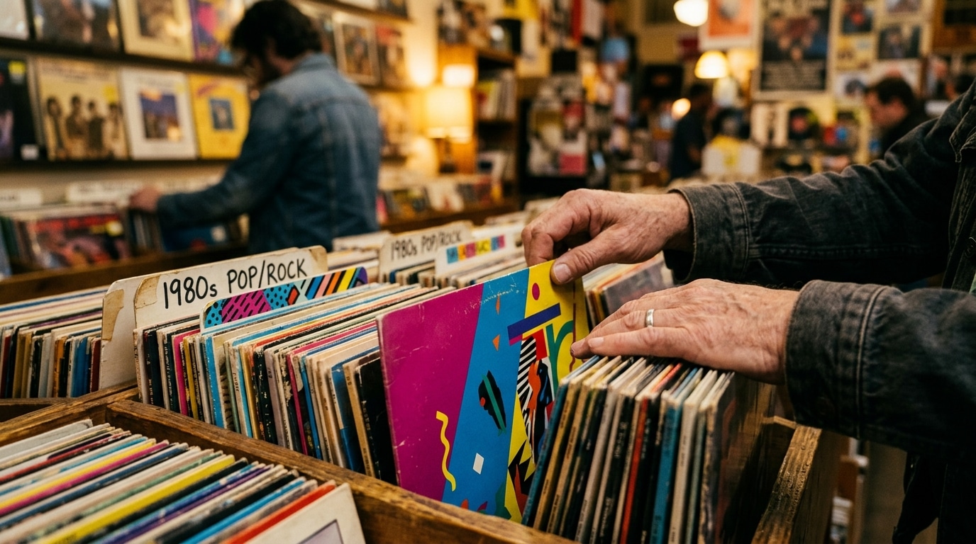 Mains feuilletant des vinyles colorés des années 80