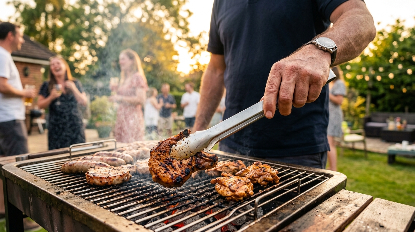 Main tenant une pince à barbecue au-dessus du grill